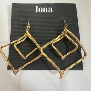 Bold & Unique Gold Tone Dangle Geometric Textured Iona Earrings New Old Stock
